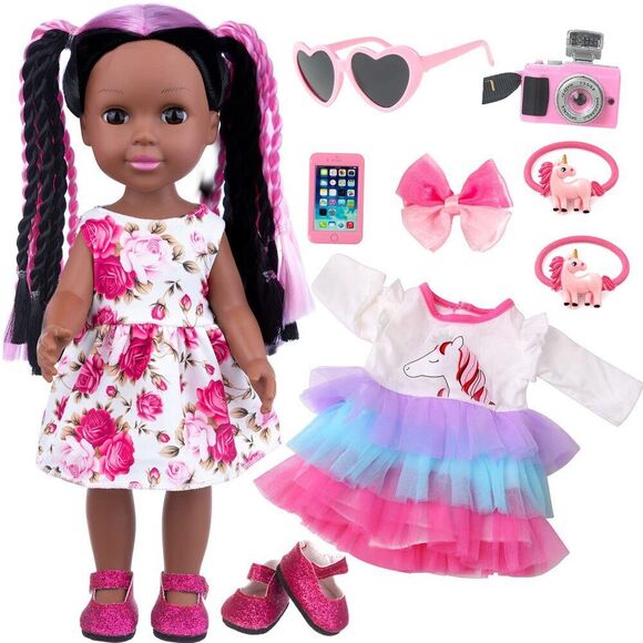 14.5" Handmade Braid Hair Black Doll & Accessories - African American Reborn To